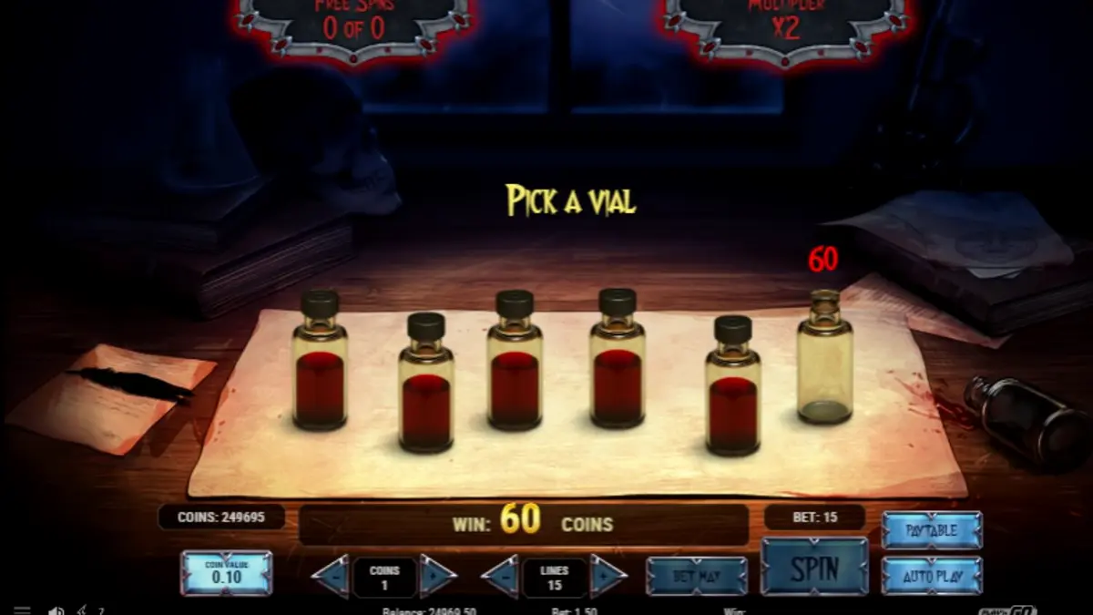 Tampilan visual slot Wild Blood dengan nuansa gotik dan simbol vampir.