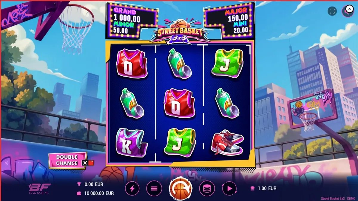 Tampilan visual slot Street Basket 3x3 dengan tema lapangan basket jalanan